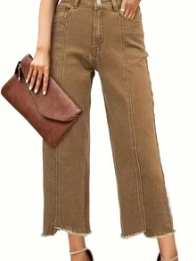 Women's Casual Distressed Raw Hem Straight Loose Wide Leg Brown Jeans