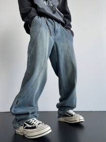 Manfinity EMRG Y2K Retro Streetwear Men's Faded Dark Blue Distressed Flare Leg Jeans With Unique Stitching Design