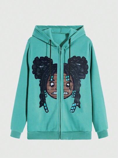 Street Life سترة هوديي رجالية كاجوال بسحاب بطباعة كرتونية، خريف/شتاء