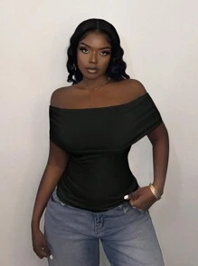 Slaydiva 新款设计师露肩翻领修身上衣，夏季 - 黑色 - 查看 4