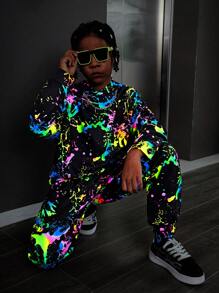 SHEIN Leap Crew 2 件 Tween Boy 荧光效果连帽运动衫和裤子套装，适合秋冬季的休闲街头风格 - 彩色 - 查看 1