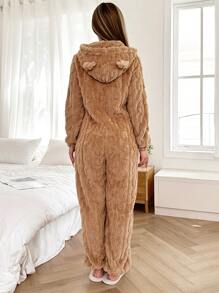 Dream Adore Bear Embroidered Animal Ear Decor Plush Jumpsuit Pajamas, For Fall Winter