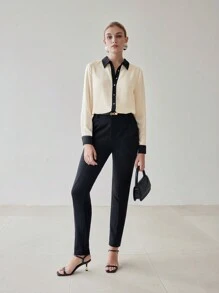 MOTF PREMIUM CONTRAST TRIM LONG SLEEVE SHIRT - Black and White - View 7