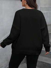 SHEIN LUNE 大码女式纯色圆领落肩长袖宽松休闲套头毛衣，秋冬针织套头衫 - 黑色 - 查看 2