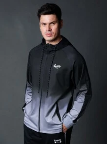 Manfinity Running Boyfriend Style Men Ombre Color Letter Print Raglan Sleeve Hooded Sports Jacket, Spring Autumn Training Top Sports Jacket