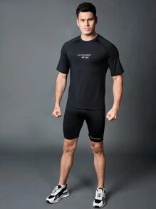 Gym Rark Boyfriend Style Men's Simple Printed Round Neck Short Sleeve Sports T-Shirt BreathableTop - Black - View 3