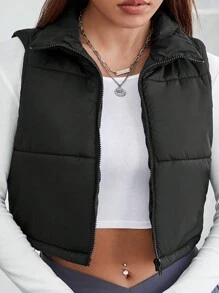 SHEIN VCAY 大码休闲无袖加垫背心夹克，秋冬款，黑色 - 黑色 - 查看 4
