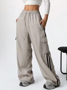 SHEIN EZwear Pantaloni cargo casual da donna con coulisse in vita e blocchi di colore a righe - Cachi - Visualizzare 3