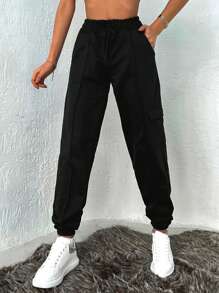 Cottnline Drawstring Waist Flap Pocket Joggers - Black - View 1