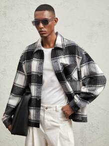 Business Casual Men's Woven Plaid Loose Casual Turndown Collar Jacket, For Fall Winter - Black and White - View 3