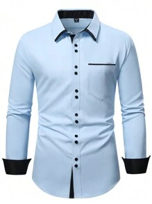 Áo sơ mi nam tay dài cổ bẻ đơn giản, màu trơn, mặc hàng ngày, dành cho chồng, công sở, đi làm, mùa thu - Màu xanh lam - Xem 4