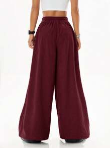 Coolane Women Loose Fit Casual Wide-Leg High Street Textured Baggy Straight Leg Pants - Burgundy - View 2