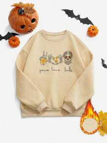 SHEIN Unity Sudadera holgada con cuello redondo, estampado de letras y calavera, de manga caída, para mujer, otoño/invierno, tipo pullover de Halloween - Albaricoque - Ver 1