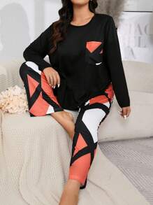 Geometric Print Round Neck Long Sleeve Top And Pants Plus Size Pajama Set