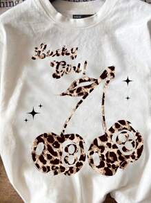 SHEIN EZwear Plus Size Casual Cherry Print Round Neck Short Sleeve T-Shirt, Loose Fit Plus Size Women Graphic Tee For Summer - White - View 3
