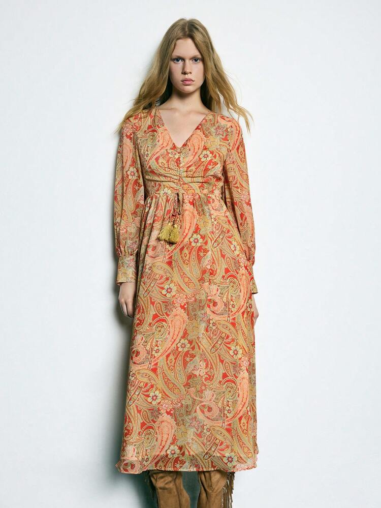 SHEIN Maija 여성용 레트로 스타일 프린트 브이넥 긴팔 드레스 웨스턴 드레스