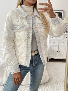 Chiquease Women's Color-Block Simple Daily Long Sleeve Padded Padded Coat Clothes Winter Puffer Jacket - White - View 3