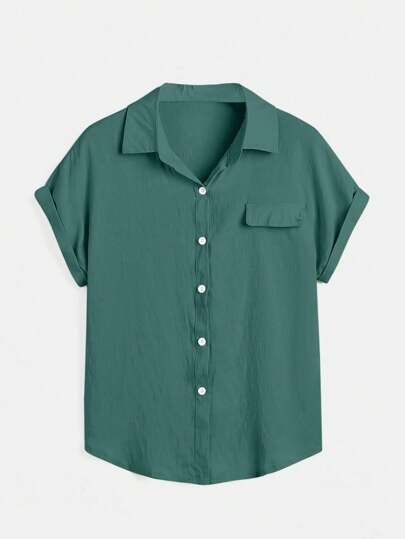 Women's Solid Color Front Button Short Sleeve Shirt, Summer Blouse