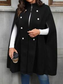SHEIN LUNE Plus Size Women Solid Color Cape Sleeve Overcoat, For Winter - Black - View 3