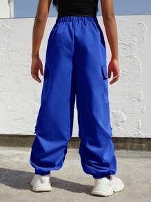 SHEIN Explorewe Tween Girl Solid Pocket Pants, School, Campus, College - Royal Blue - View 2