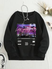 SHEIN 女式字母印花圆领黑色长袖套头运动衫、长袖上衣 - 黑色 - 查看 6