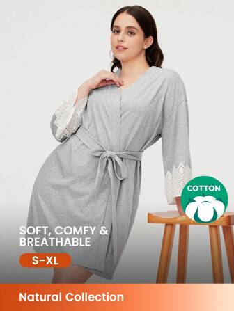 LUVLETTE Weiche Baumwolle sexy Frauen Bademantel mit Spitze Frauen Pyjama Morgenmantel Nachthemd Dessous