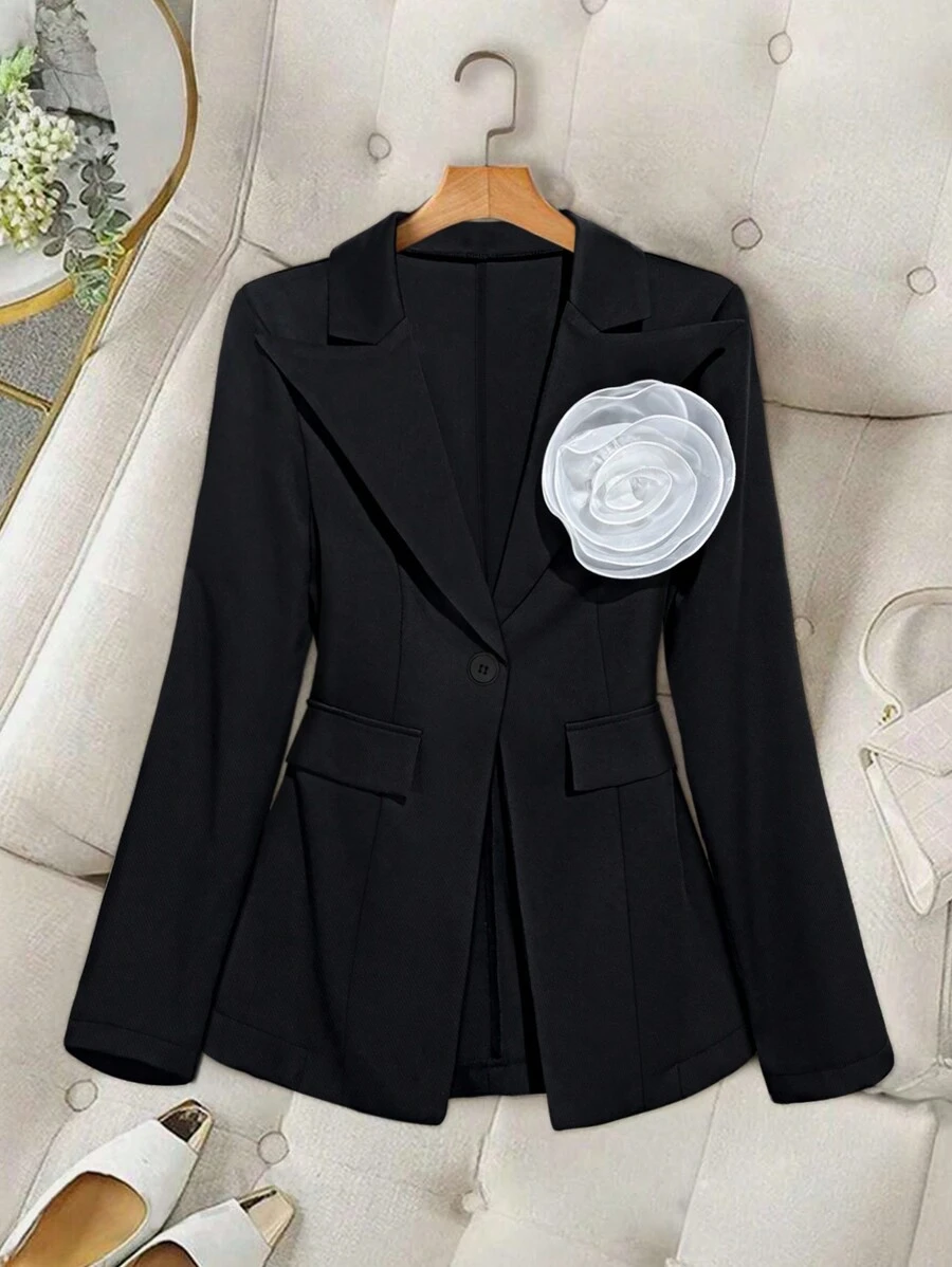 SHEIN Unity 女士春秋优雅 3D 花卉装饰翻领长袖西装外套