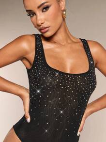 SHEIN BAE Khaki Nude Solid Color Country Concert Outfit, Country Festival Outfits, Music Festival Outfits, Concert Outfits With Rhinestones Mesh Knit Elegant Party Club Summer Bodysuit