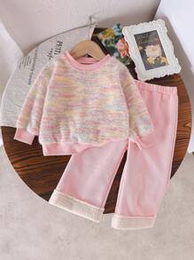 女宝宝蜡染印花宽松运动衫和裤子 2 件套休闲套装，春秋 - 粉色 - 查看 1