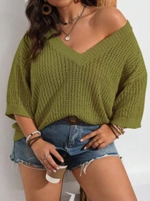 SHEIN Franclia 大码宽松纯色镂空毛衣 - 軍綠色 - 查看 6