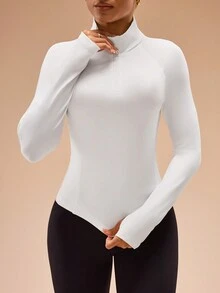 Áo nỉ nữ tay raglan dài tay màu trơn, khóa kéo phía trước, kiểu dáng năng động, thích hợp cho mùa xuân/hè/thu. - trắng - Xem 3