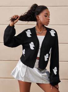 SHEIN Cute Black And White Autumn Cropped Relaxed Cardigan,Spring&Summer Holiday,Back To School College Streetwear Casual Home Travel Gathering Shopping - Black and White - View 4