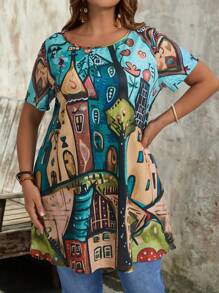 EMERY ROSE 大码女式夏季乡村城堡印花圆领短袖休闲 T 恤，夏季 - 藍色 - 查看 6