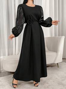 Al Najma 女士纯色圆领网眼灯笼袖花卉装饰优雅连衣裙，适合晚会/婚礼宾客的优雅风格，超长适中的长袖阿拉伯连衣裙 - 黑色 - 查看 5