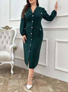 Modelyn Vestido casual plus size com botões na frente e cor sólida, primavera/outono, vestidos para uso casual diário/feriado/festa de casamento/noite - Verde escuro - Ver 3