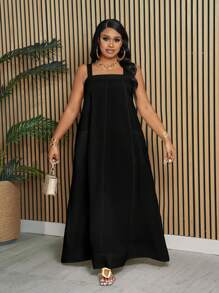 Slaydiva Plus Size Vacation, Elegant & Casual Loose Solid White Sleeveless Pocketed A-Line Dress For Women, Spring And Summer ,Black Dress - Black - View 5