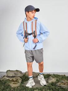 SHEIN Jaqueta esportiva com capuz para adolescentes com bolsos, resistente à água e à abrasão, para caminhadas, acampamentos, pesca, azul claro