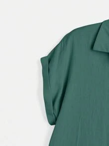 ROMWE 女士纯色前扣短袖衬衫、夏季上衣 - 綠色 - 查看 3