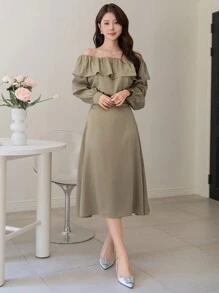 DAZY 2 件套女士纯色露肩荷叶边衬衫和裙子套装，秋季服装 - 杏色 - 查看 8