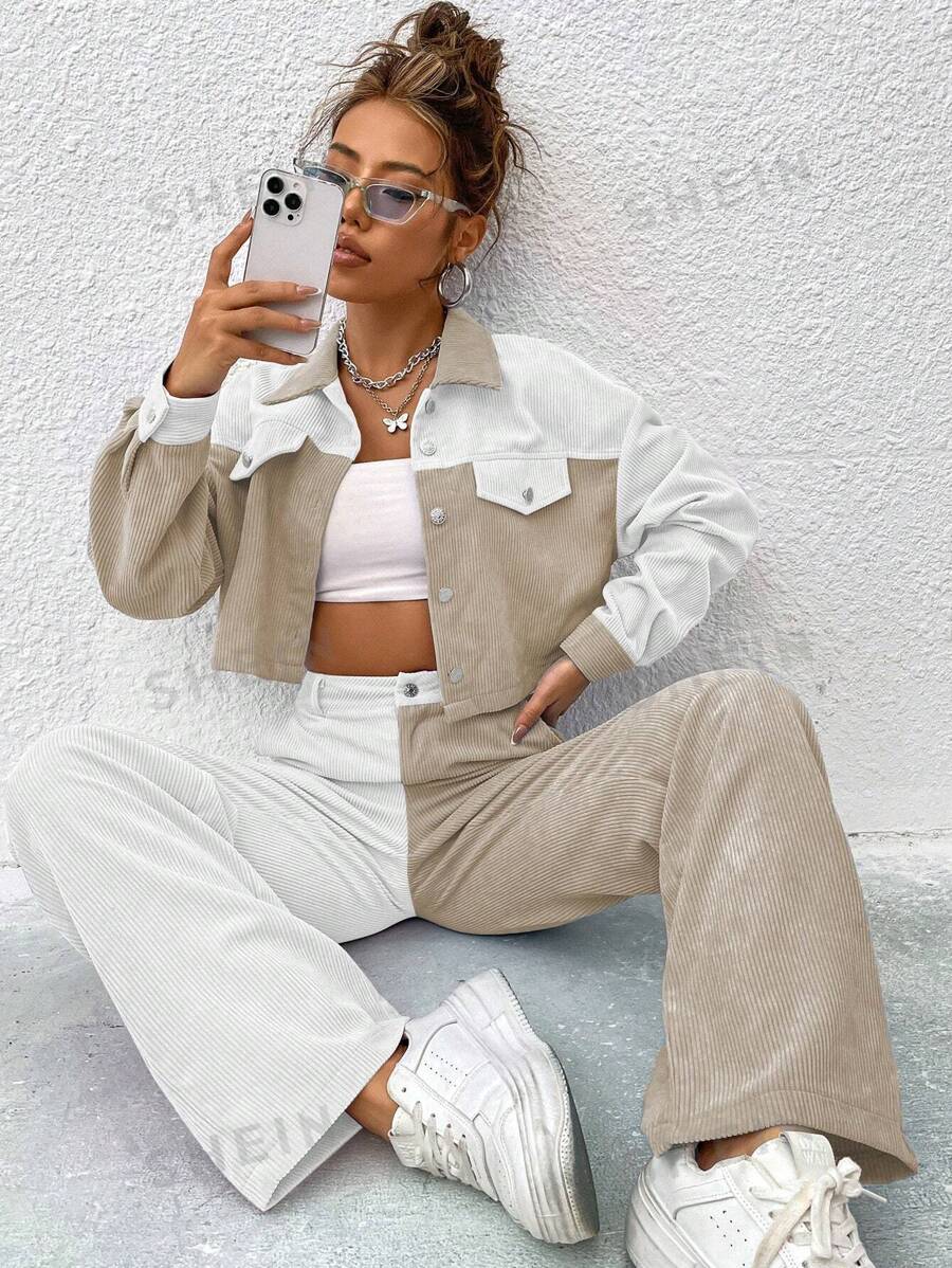 SHEIN Unity 2 piezas Conjunto informal de patchwork para mujer - Albaricoque - Ver 1