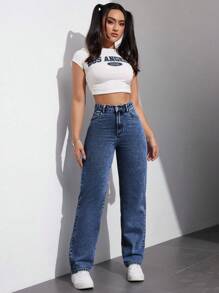 SHEIN EZwear Women's Straight Loose Casual Pocket Jeans - Blue - View 3