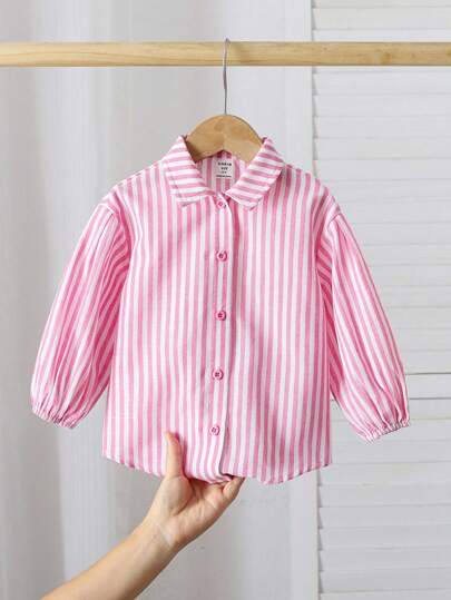 SHEIN LMoss Kids LMoss Young Girls Loose Fit Striped Collared Casual Shirt