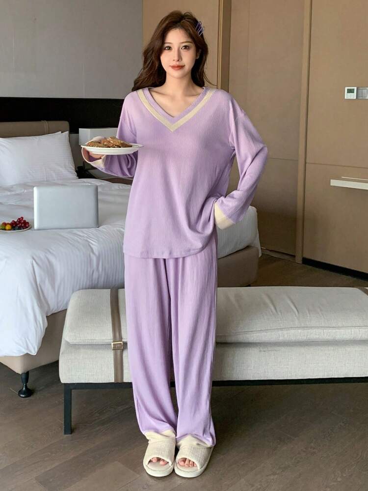 2pcs Contrast Color V-Neck Long Sleeve Top And Pants Loungewear Set Pajama