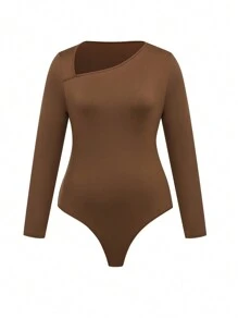 Calvaya 大码秋冬休闲纯色不对称领长袖紧身衣