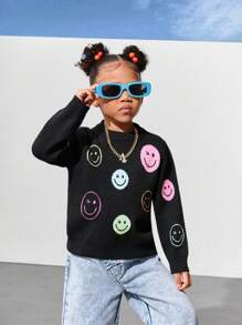 SHEIN Explorewe Girls' Colorful Smiling Face Jacquard Knit Sweater,Vibrant Crew Neck Soft Warm Pullover For Autumn,School,Back-To-School,Casual Comfortable Knitwear - Black - View 4