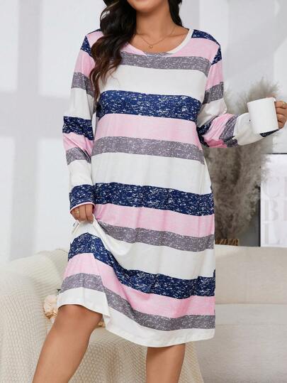 Plus Size Women's Spring Summer Round Neck Casual Striped Long Sleeve Nightgown, Fall, Cozy Outfit