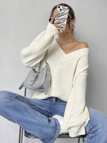 Flirla Women Loose Fit V-Neck Sweater,Long Sleeve Tops, Knit Pullover Fall Winter - White - View 1