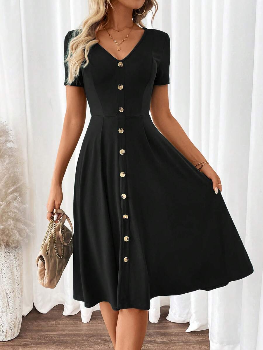 SHEIN Clasi Damen elegantes grünes A-Linien Kleid mit V-Ausschnitt und Kurzarm