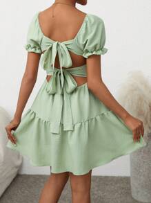 Breezaya Women's Vacation Solid Color Back Knot Mini Dress With Puff Sleeves & Ruffle Hem