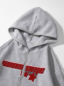 Flirla Women's Spring/Autumn Letter & Star Print Zip-Up Hooded Sweatshirt